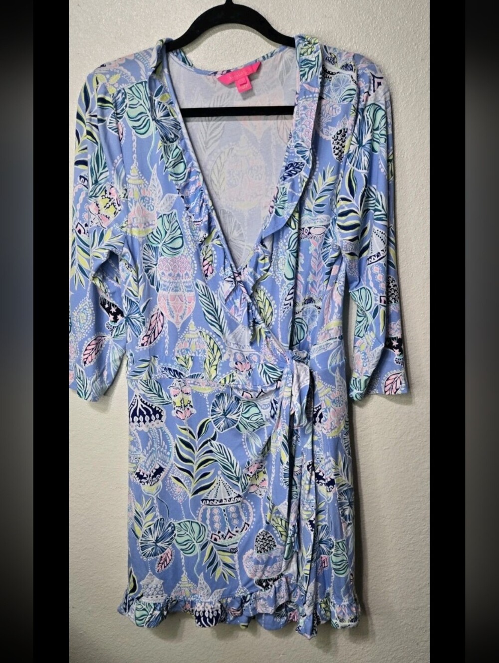 Lilly Pulitzer Blue Jessalynne Romper Wrap Mini Floral Ruffle Stretch Size XL